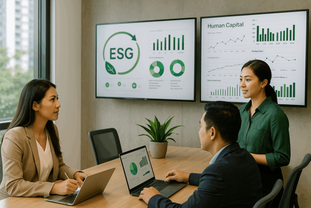 Philippine professionals analysing ESG and human-capital dashboards during MSS Corporation’s People-First ESG Reporting Accelerator session