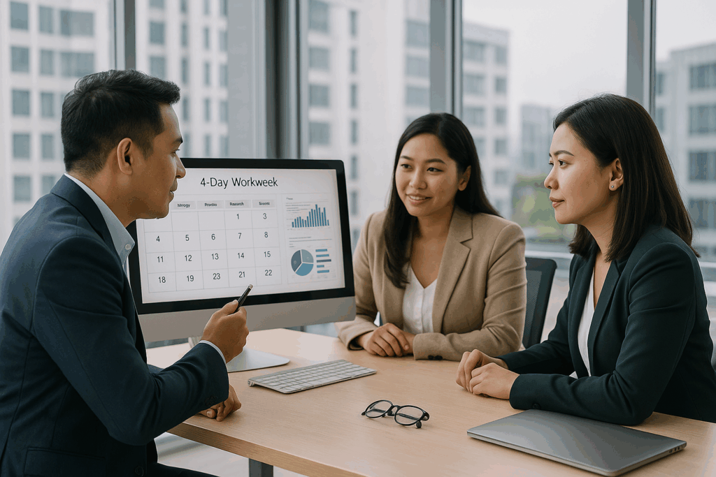 Philippine HR and OD leaders reviewing a 4-day workweek calendar and productivity charts during MSS Corporation’s 4D-Flex™ Transition Lab session