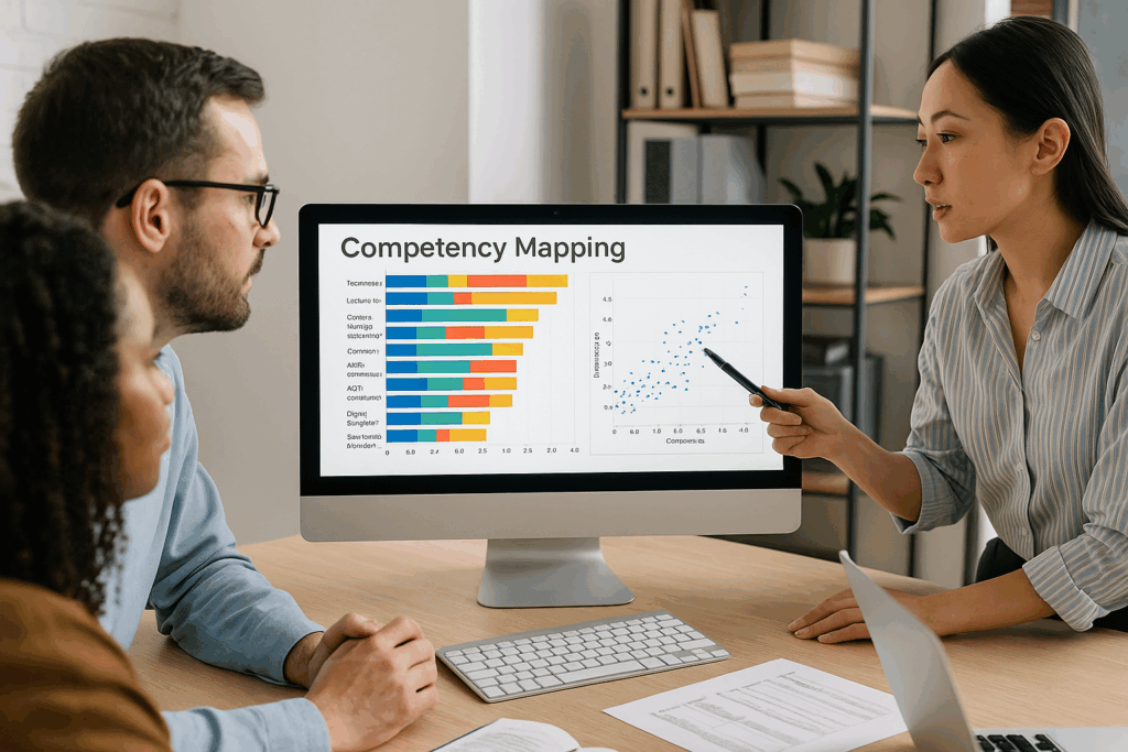 Filipino professionals in a corporate setting analyzing digital competency data on screen, representing AI-powered competency mapping in the Philippines.