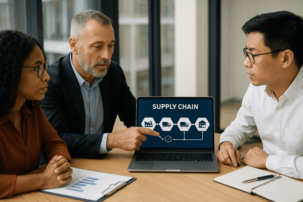 Filipino professionals in a supply chain strategy meeting, analyzing data and logistics plans to improve business resilience in a modern office setting.