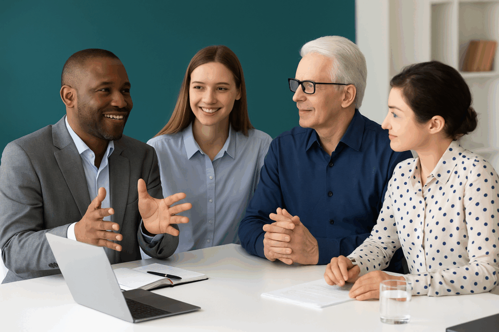 Diverse group of professionals in a workplace discussion during a corporate training session