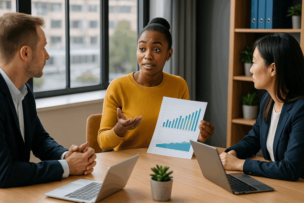 A diverse group of professionals collaboratively analyzing data and strategy charts in a modern boardroom, symbolizing organizational planning and people development.
