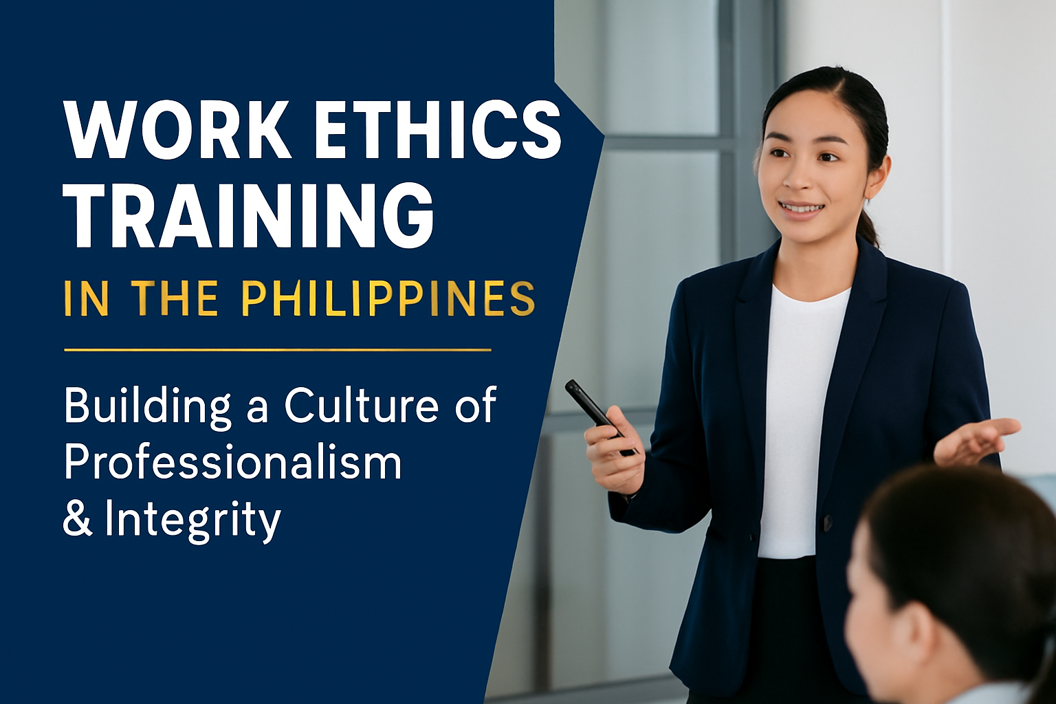 A professional digital graphic showing a diverse group of Filipino employees in a workplace setting engaging in teamwork and ethical collaboration, symbolizing integrity and professionalism.