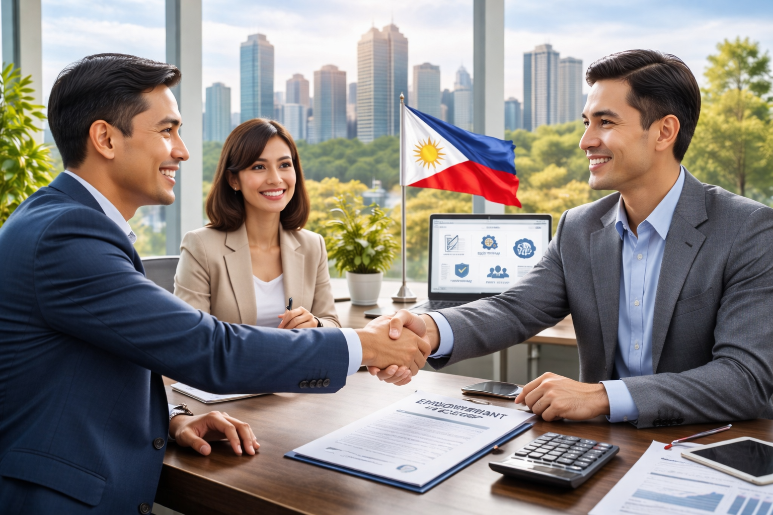 Global business partnership meeting showing compliant employment management and payroll coordination in the Philippines 