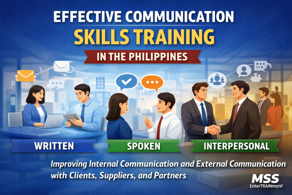 Effective Communication Skills Training in the Philippines showing professionals engaging in written, spoken, and interpersonal communication in a modern workplace