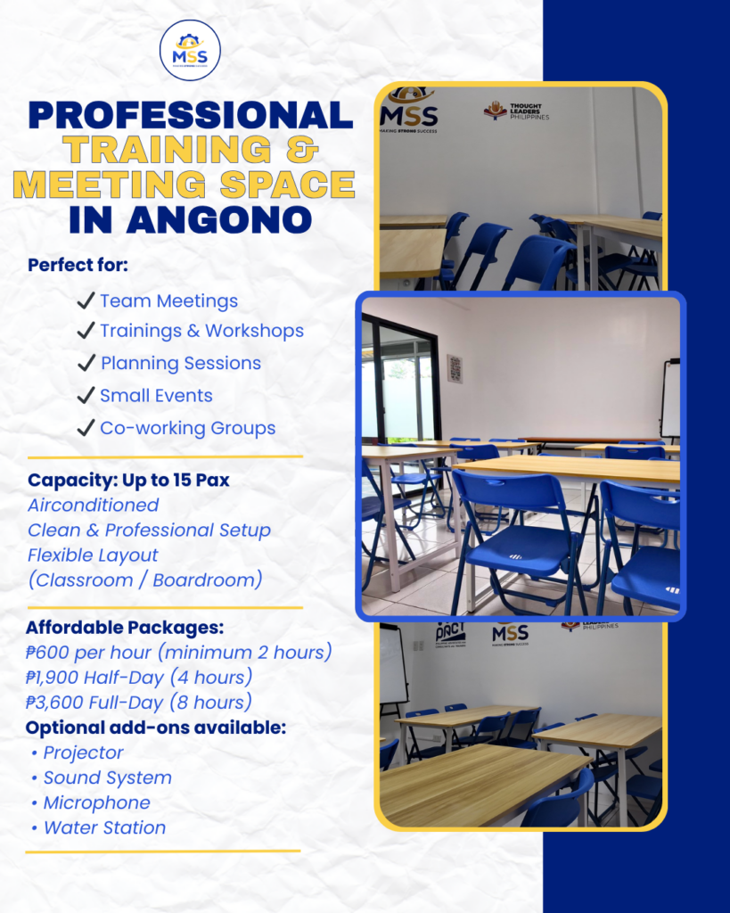 Professional training and meeting room for rent in Angono, Rizal with tables and chairs for up to 15 pax, ideal for meetings, trainings, workshops, and small company events by MSS