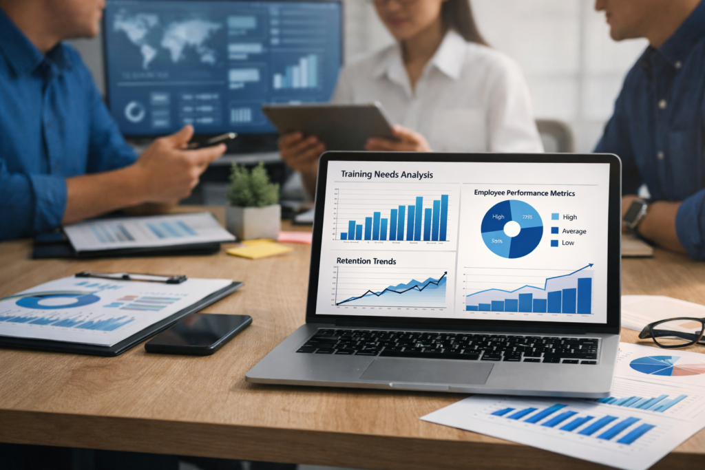 Business professionals reviewing people analytics and performance data during a strategic HR planning discussion in a modern office