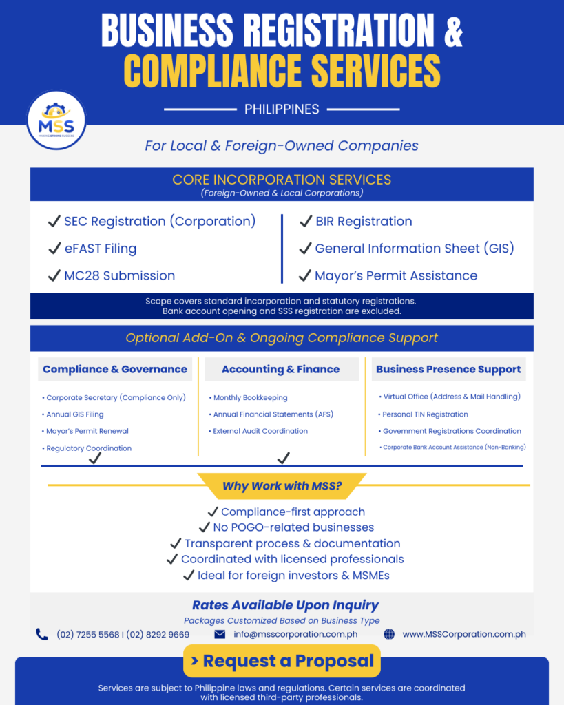Business registration and compliance services in the Philippines by MSS Corporation, offering SEC registration, BIR registration, mayor’s permit assistance, GIS filing, and compliance support for local and foreign-owned companies in Rizal and nationwide.