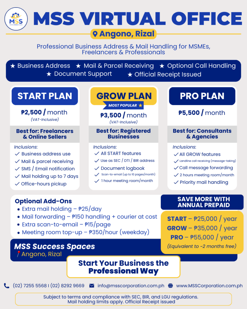 Promotional visual for MSS Virtual Office in Angono, Rizal, showcasing flexible monthly and annual plans for freelancers, MSMEs, registered businesses, consultants, and agencies. Services include professional business address use, mail and parcel handling, optional call handling, document support, meeting room access, and issuance of official receipts, all compliant with SEC, BIR, and LGU requirements.