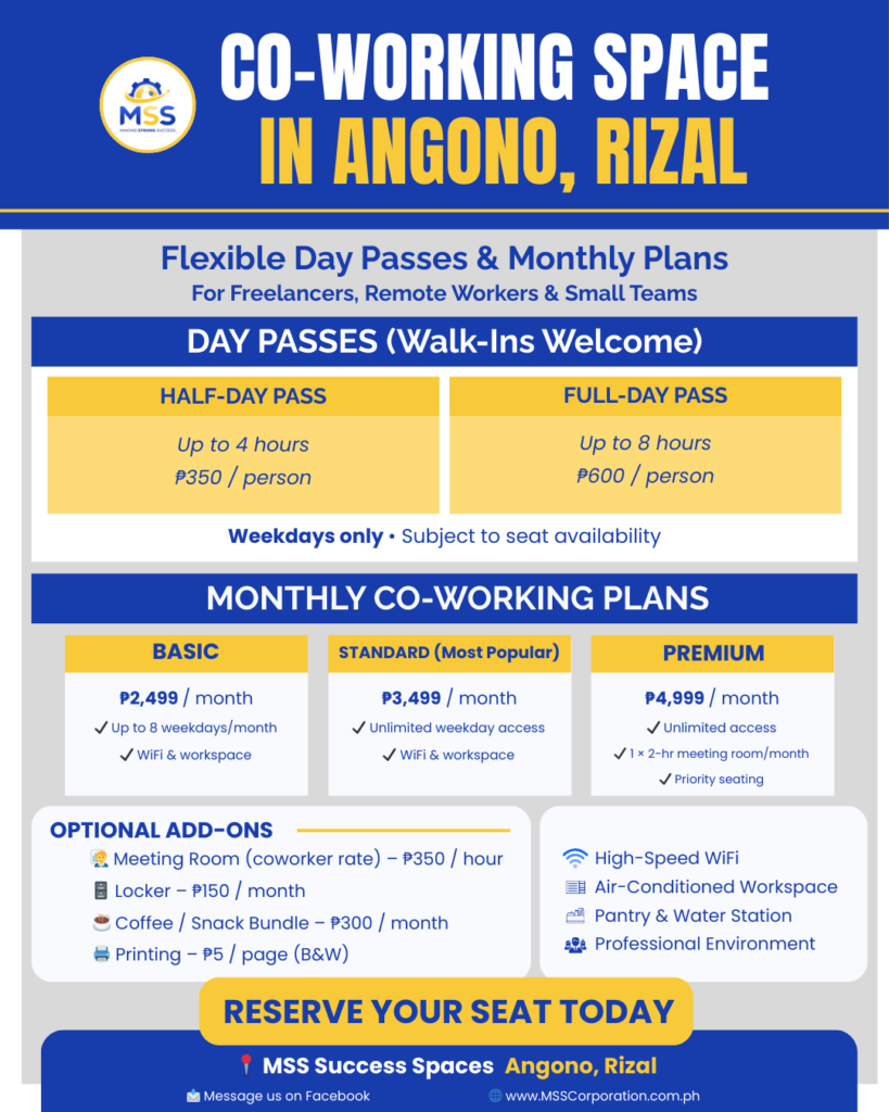 Co-working Space in Angono Rizal by MSS showing day pass rates and monthly co-working plans