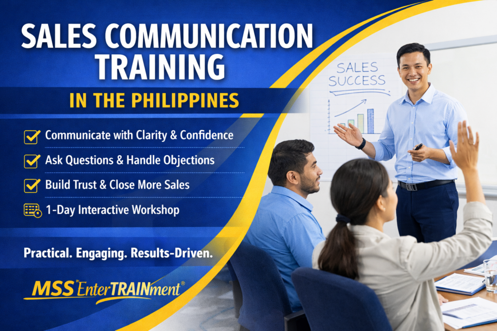Sales Communication Training in the Philippines by MSS Making Strong Success featuring a professional facilitator training sales teams using blue and yellow brand colors
