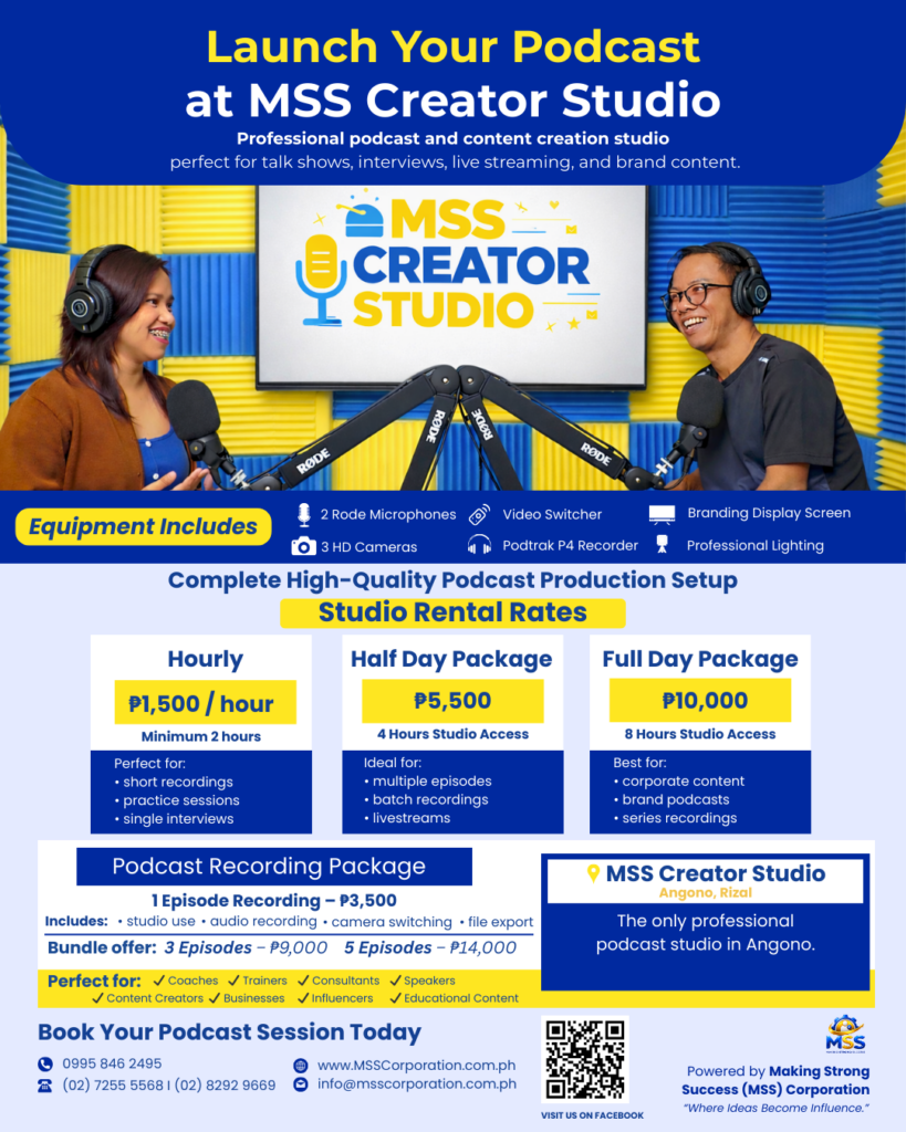 Creator studio in Angono Rizal by MSS featuring podcast recording setup, studio rental rates, and professional equipment for content creators, businesses, and corporate teams