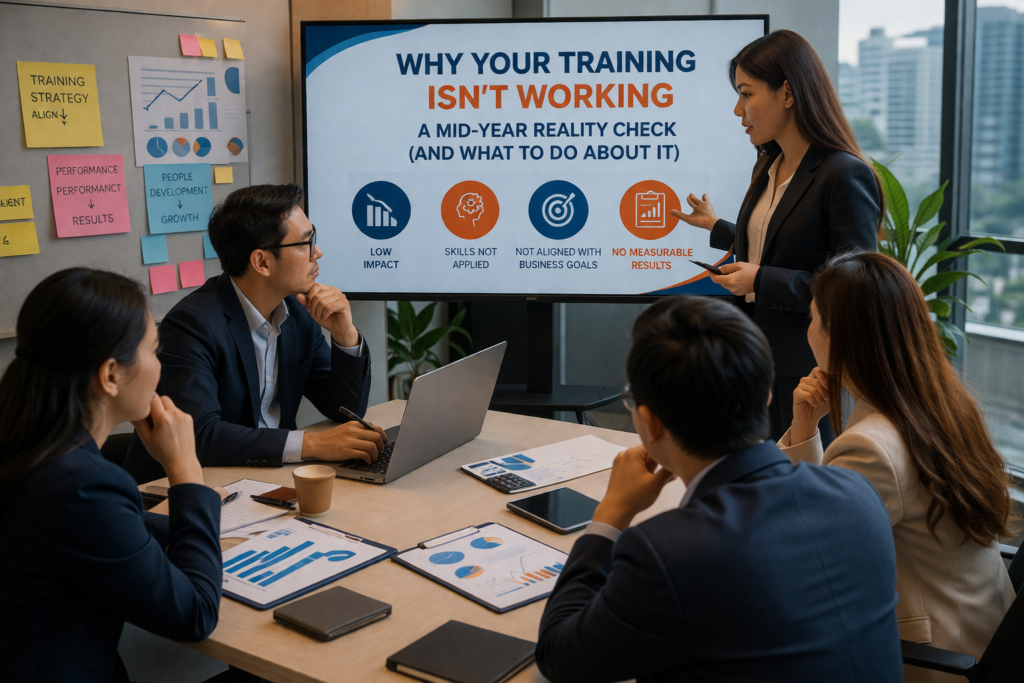 Business professionals in a meeting reviewing employee training performance and strategy in a corporate setting