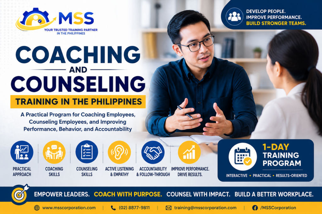 Coaching and Counseling Training in the Philippines featuring an MSS Corporation facilitator conducting an employee coaching conversation on performance, behavior, accountability, and development