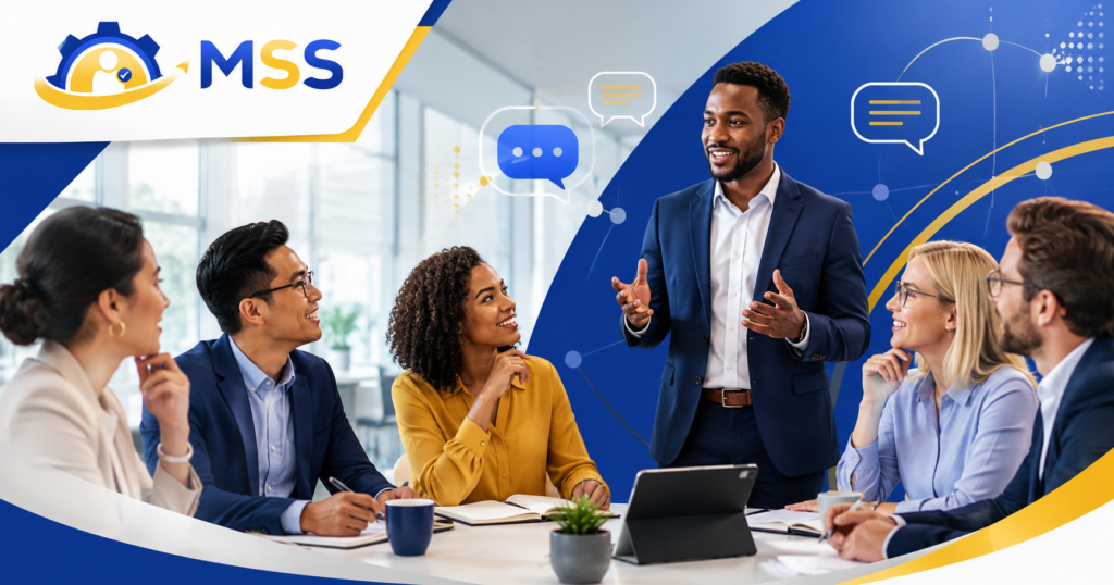 Effective Communication Skills for Leaders Training in the Philippines featuring an MSS Corporation facilitator leading a professional team discussion on clarity, listening, feedback, influence, and collaboration