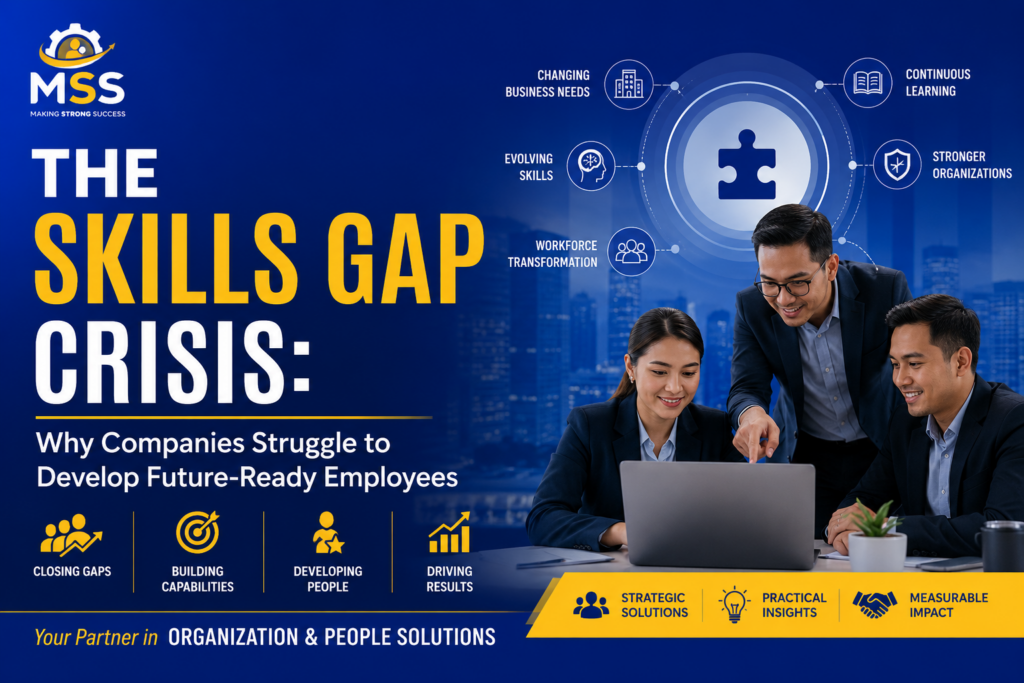 Business professionals collaborating to address workforce development and skills gap challenges, representing organization and people solutions by MSS Corporation