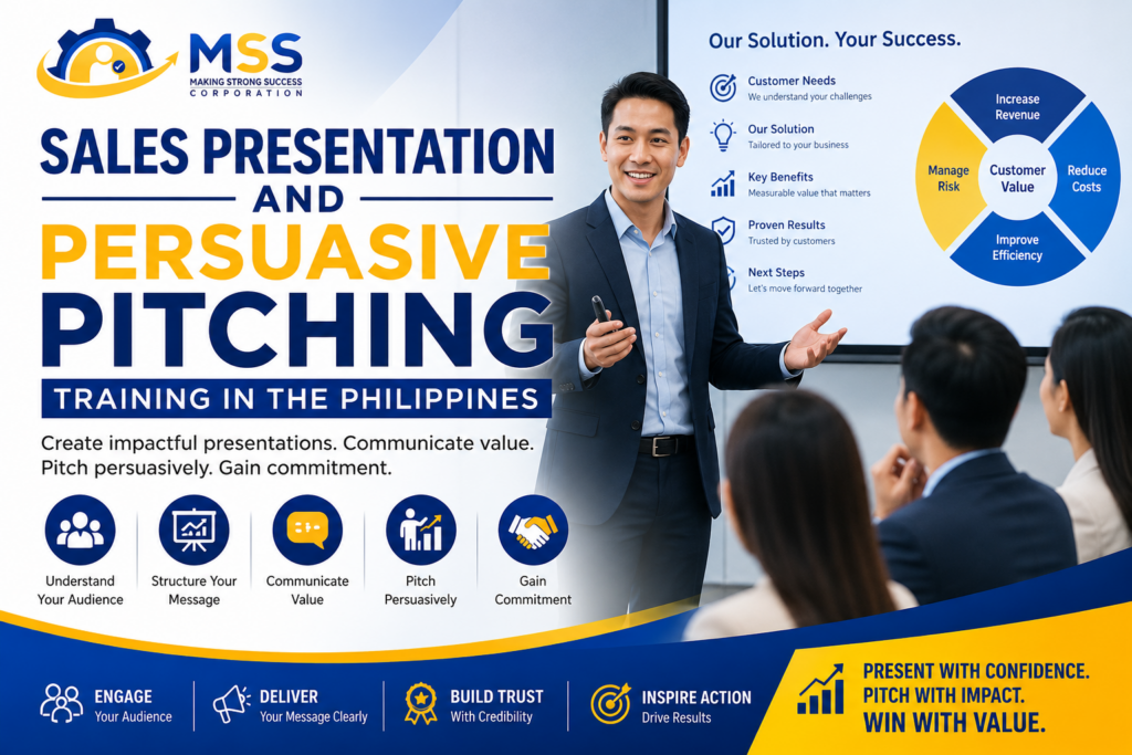 Sales Presentation and Persuasive Pitching Training in the Philippines featuring a sales professional presenting customer value, business benefits, and next steps to an audience