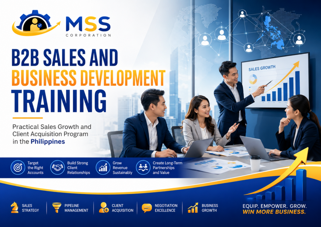 B2B Sales and Business Development Training in the Philippines featuring an MSS Corporation sales team discussing client acquisition, target accounts, pipeline growth, and long-term business partnerships