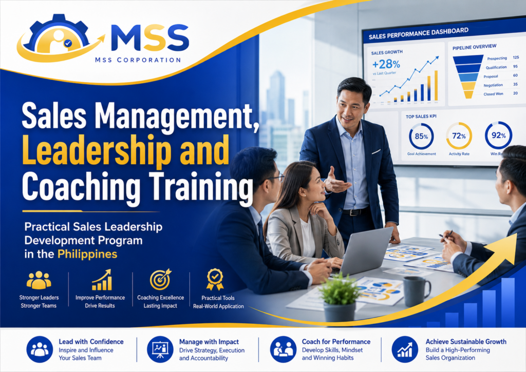 Sales Management, Leadership, and Coaching Training in the Philippines featuring a sales manager coaching a team using performance dashboards, pipeline reviews, and sales KPIs