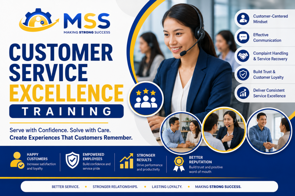 Customer Service Excellence Training in the Philippines featuring a professional customer service representative demonstrating communication, complaint handling, service recovery, and customer-centered support