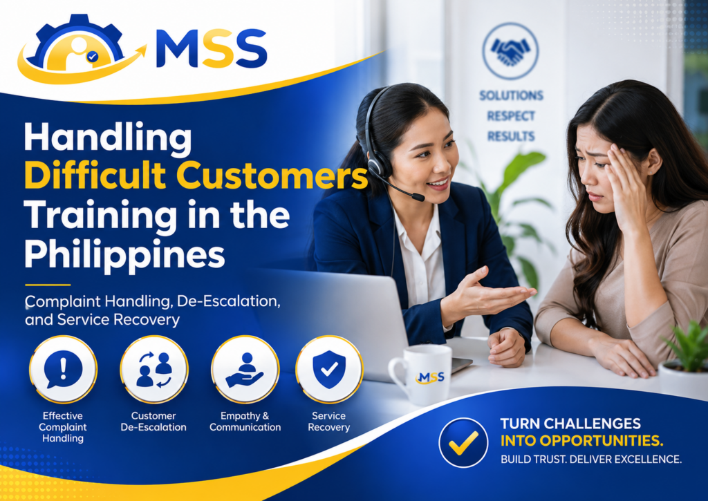 Handling Difficult Customers Training in the Philippines featuring a customer service professional using empathy, de-escalation, complaint handling, and service recovery techniques