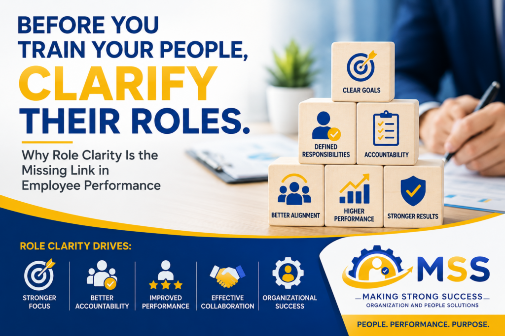 Business blocks showing clear goals, responsibilities, accountability, and performance alignment for role clarity in employee training and organizational development