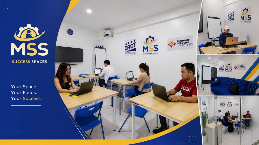 MSS Success Spaces featured image showing a professional co-working space in Angono, Rizal with laptops, workstations, blue chairs, MSS Success Spaces logo, meeting area, and branded office design.