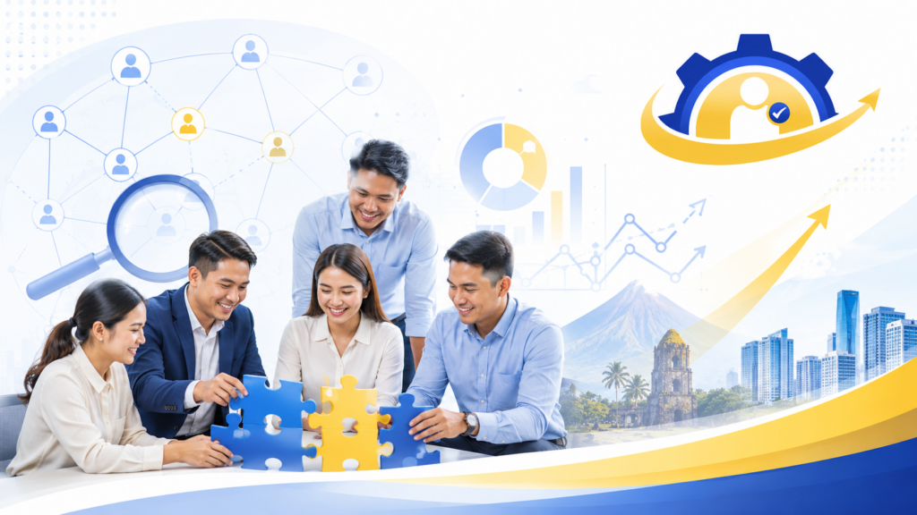 Team Diagnosis and Building Training in the Philippines featuring a collaborative business team, puzzle pieces, performance analysis, and MSS Corporation branding