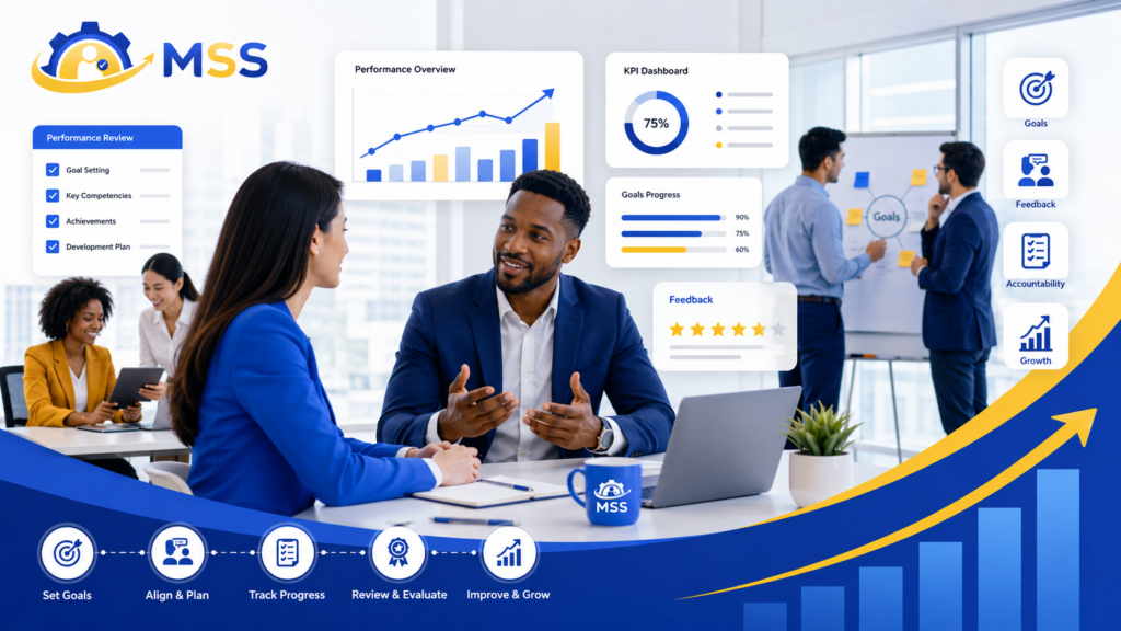 Performance Management Training in the Philippines featuring MSS Corporation branding, employee coaching, KPI dashboards, goal setting, feedback, accountability, and workplace performance improvement