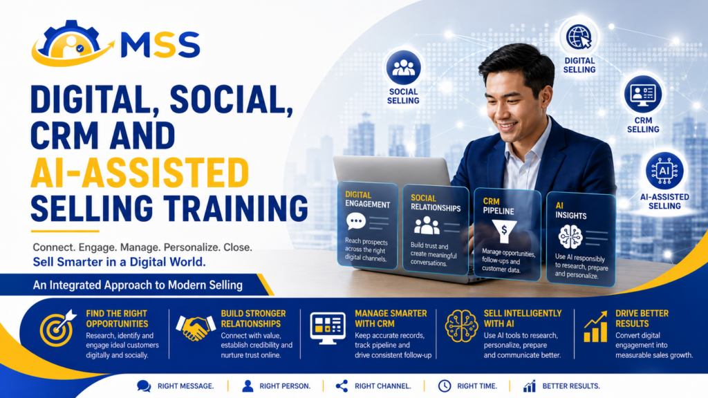 Digital, Social, CRM, and AI-Assisted Selling Training in the Philippines featuring a sales professional using digital engagement, social selling, CRM pipeline management, and AI sales tools
