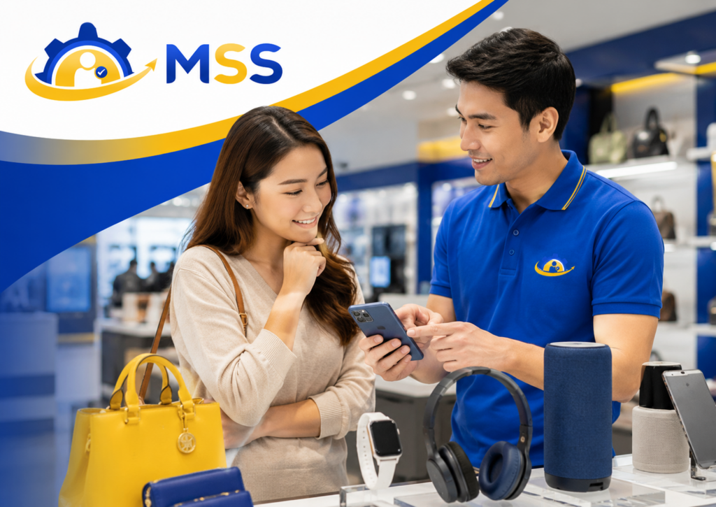 Retail Selling, Upselling, and Cross-Selling Training in the Philippines featuring a sales associate helping a customer compare products and choose relevant upgrades and accessories