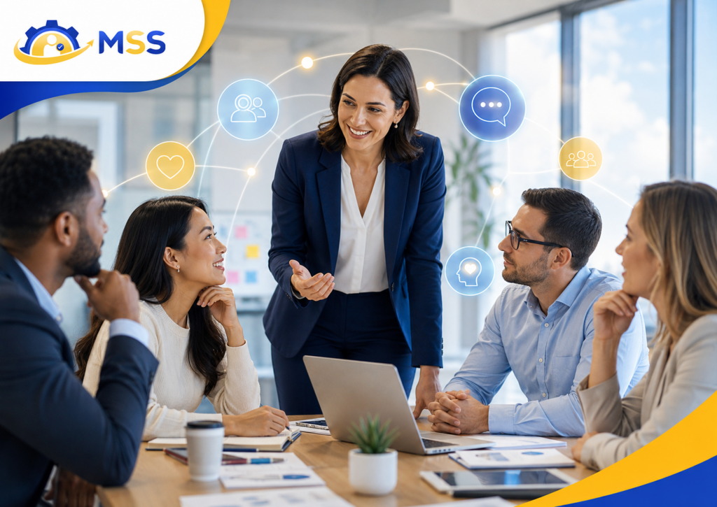 Emotional Intelligence for Leaders Training in the Philippines featuring an MSS Corporation facilitator leading a diverse workplace discussion on empathy, communication, self-awareness, and relationship management