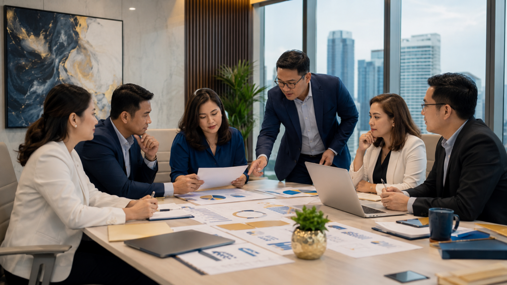 Business leaders and HR professionals discussing training, consulting, coaching, facilitation, and speaking solutions in a strategic planning meeting in the Philippines