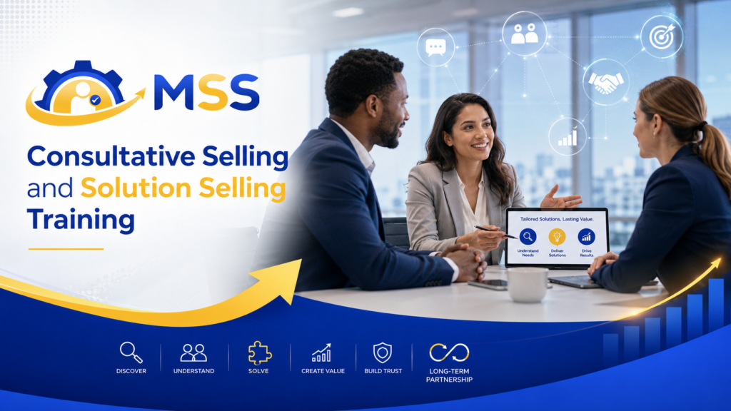 Consultative Selling and Solution Selling Training in the Philippines featuring an MSS Corporation sales discussion focused on customer needs, tailored solutions, value creation, trust, and long-term partnership