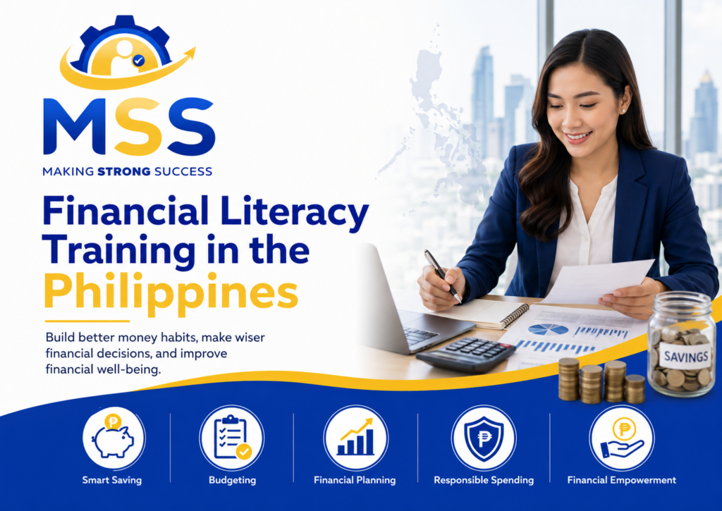 Financial Literacy Training in the Philippines featuring a Filipino professional learning budgeting, smart saving, responsible spending, financial planning, and financial empowerment with MSS Corporation