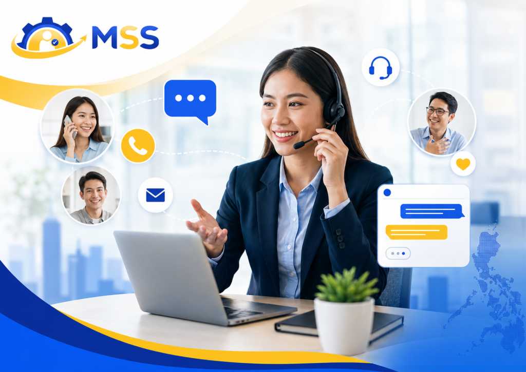 Customer Communication Skills Training in the Philippines featuring a customer service professional communicating through phone, email, chat, and digital customer channels