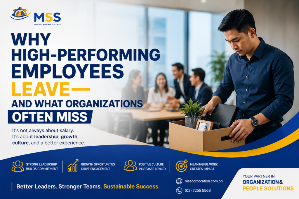 High-performing employee leaving the workplace while business leaders discuss talent retention, employee experience, organizational culture, and leadership development strategies