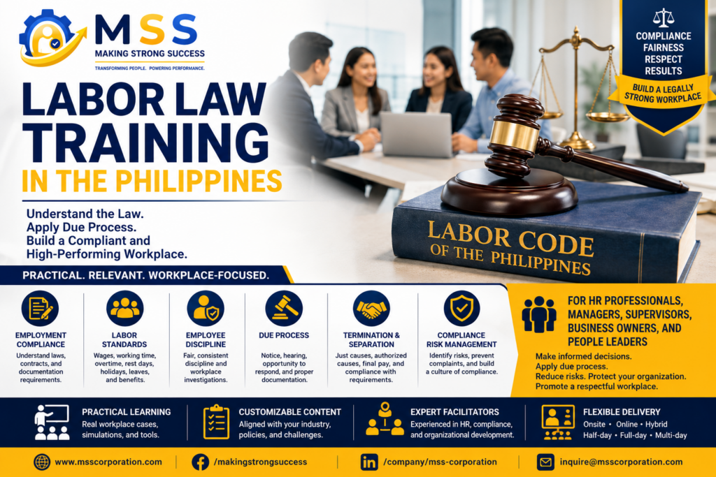 Labor Law Training in the Philippines featuring HR professionals, managers, a Philippine Labor Code book, legal scales, employee discipline, due process, termination, labor standards, and compliance risk management by MSS Corporation