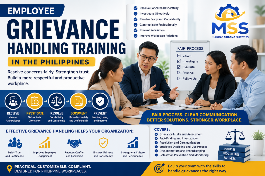 Employee Grievance Handling Training in the Philippines featuring HR professionals and managers discussing grievance intake, investigation, fair resolution, documentation, due process, and retaliation prevention by MSS Corporation
