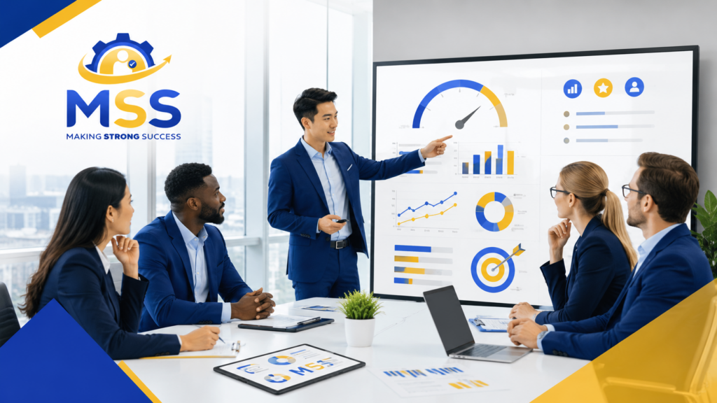 KPI Design Training in the Philippines featuring professionals analyzing performance dashboards, scorecards, targets, charts, and key performance indicators during a corporate workshop by MSS Corporation