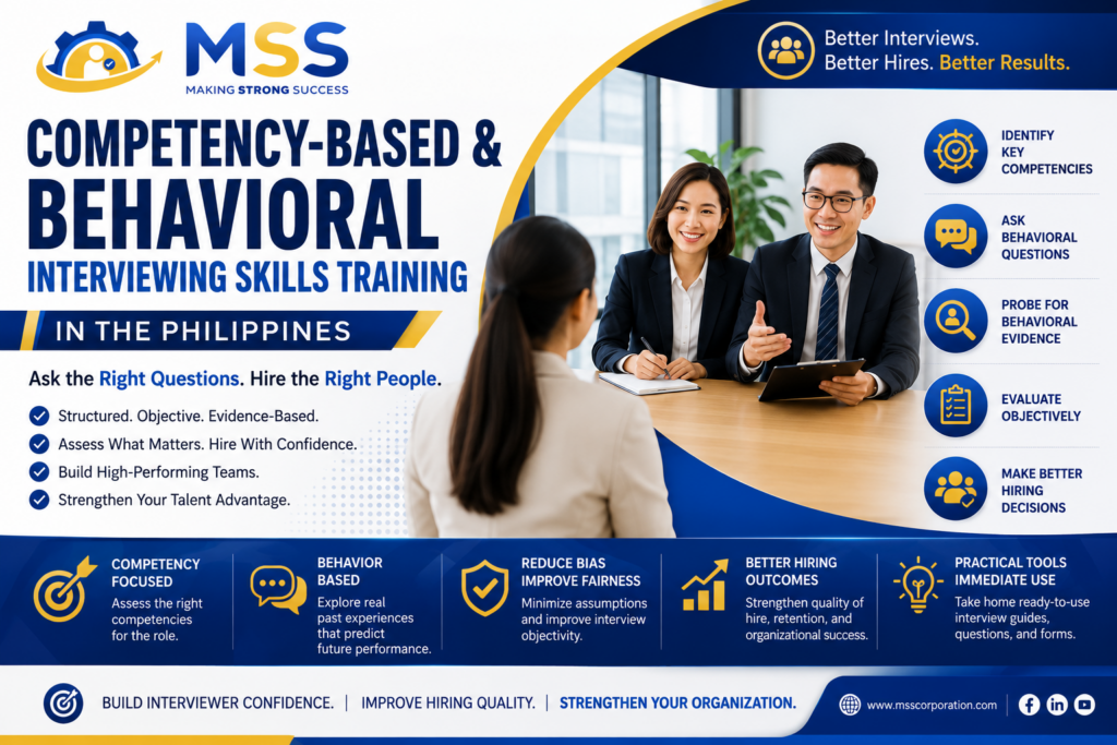 Competency-Based Interviewing Skills Training in the Philippines by Making Strong Success (MSS) Corporation featuring a structured behavioral interview between interviewers and a job applicant, highlighting competency assessment, behavioral interviewing, evidence-based hiring, interviewer bias reduction, and objective recruitment decision-making.