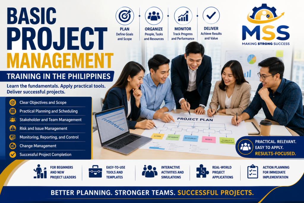 Basic Project Management Training in the Philippines featuring professionals developing project plans, schedules, stakeholder coordination, risk management, monitoring, reporting, and successful project completion with MSS Corporation