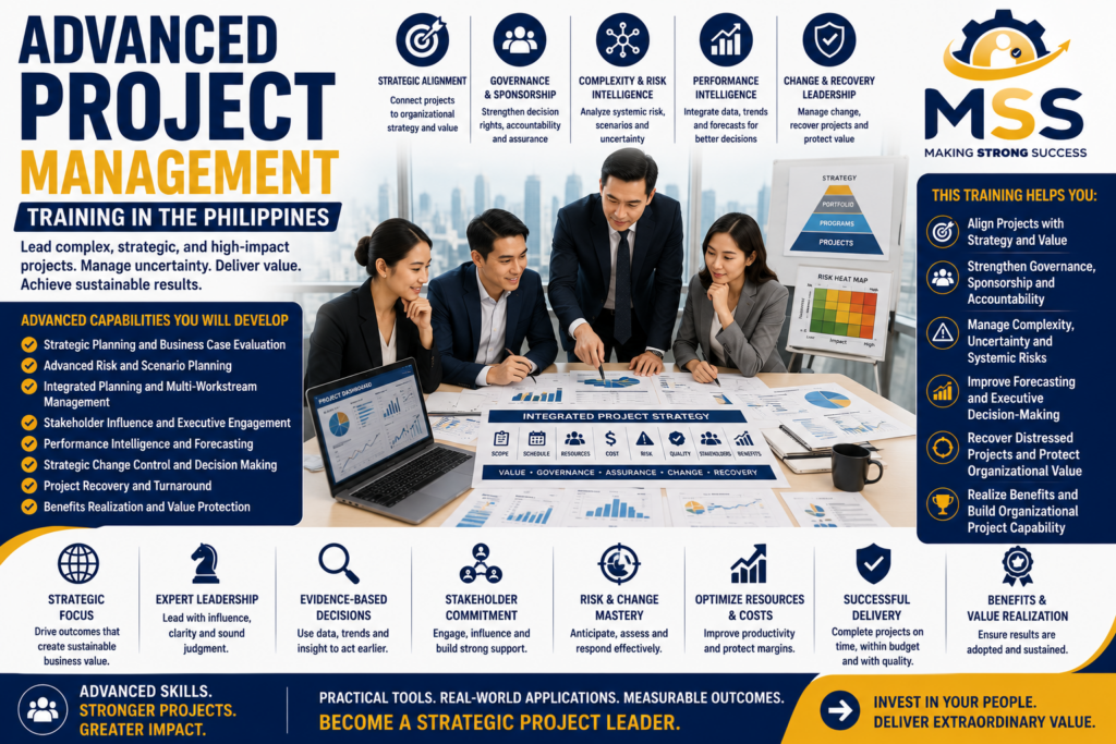 Advanced Project Management Training in the Philippines featuring experienced project leaders analyzing strategy, governance, systemic risks, stakeholders, performance forecasts, change control, project recovery, and benefits realization with MSS Corporation