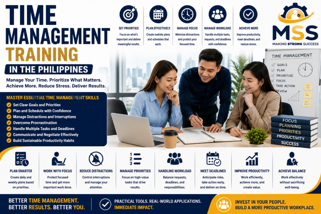Time Management Training in the Philippines featuring Filipino professionals learning to set priorities, plan schedules, manage focus, reduce distractions, handle workloads, meet deadlines, and improve workplace productivity with MSS Corporation