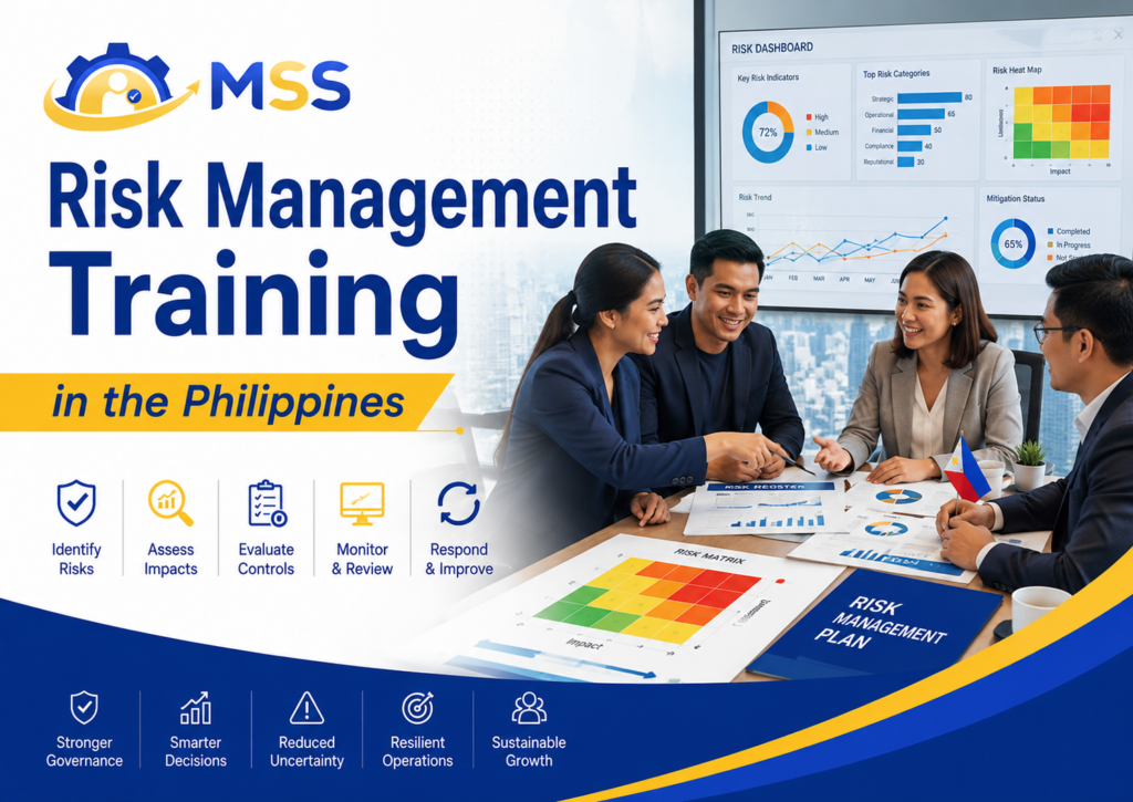 Risk Management Training in the Philippines featuring Filipino professionals identifying enterprise risks, assessing likelihood and impact, evaluating controls, reviewing a risk heat map, monitoring Key Risk Indicators, and developing risk treatment plans