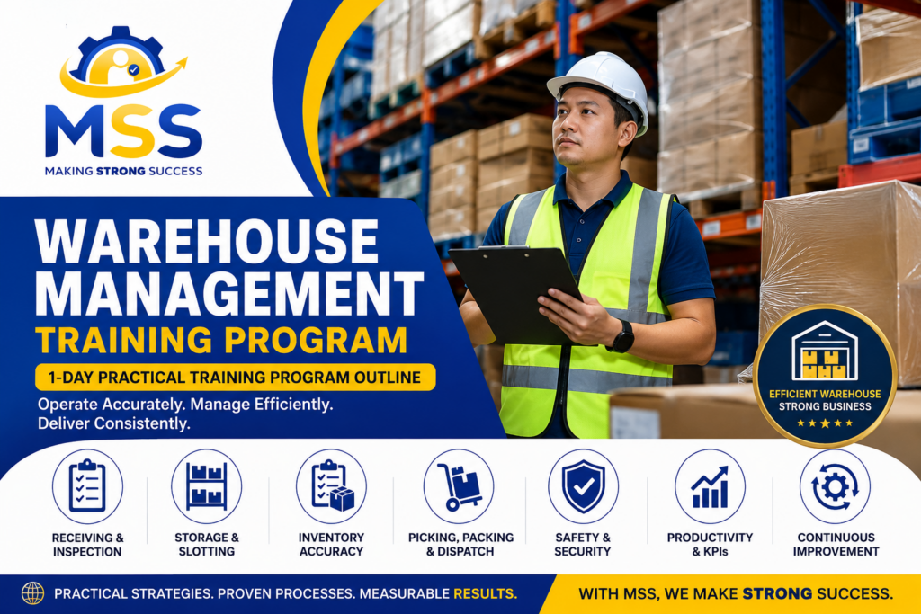 Warehouse Management Training in the Philippines featuring organized warehouse operations, receiving, storage, inventory accuracy, picking, dispatch, safety, and productivity