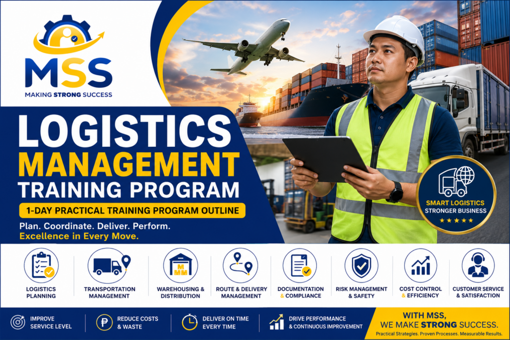 Logistics Management Training in the Philippines featuring transportation planning, warehousing, route and delivery management, documentation, risk control, cost efficiency, and customer service