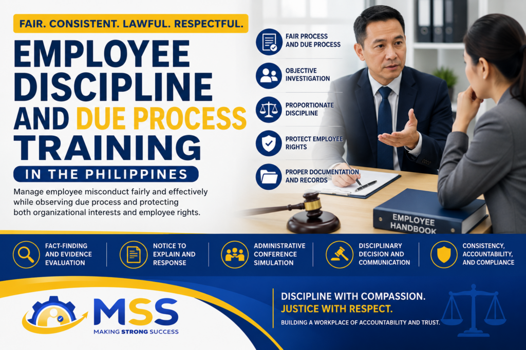 Employee Discipline and Due Process Training in the Philippines featuring fair investigation, Notice to Explain, administrative conference, proper documentation, and employee rights