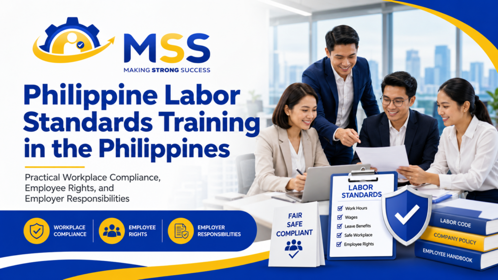 Philippine Labor Standards Training in the Philippines featuring workplace compliance, employee rights, wages, working hours, leave benefits, and employer responsibilities