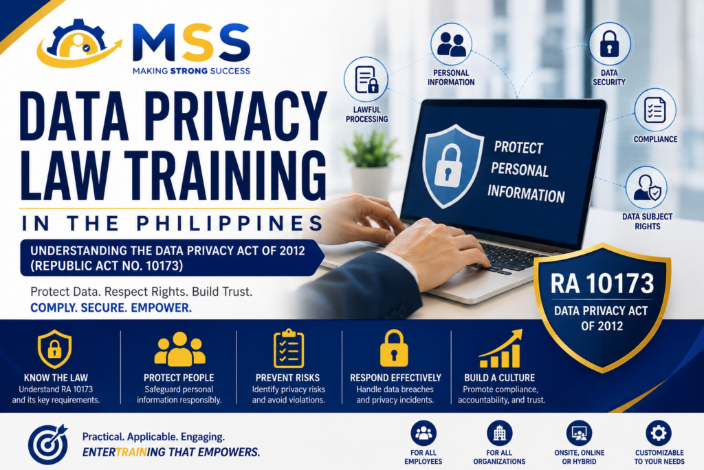 Data Privacy Law Training in the Philippines by Making Strong Success (MSS) Corporation featuring the Data Privacy Act of 2012 (Republic Act No. 10173), personal information protection, lawful data processing, privacy compliance, data security, data subject rights, and workplace data privacy awareness.